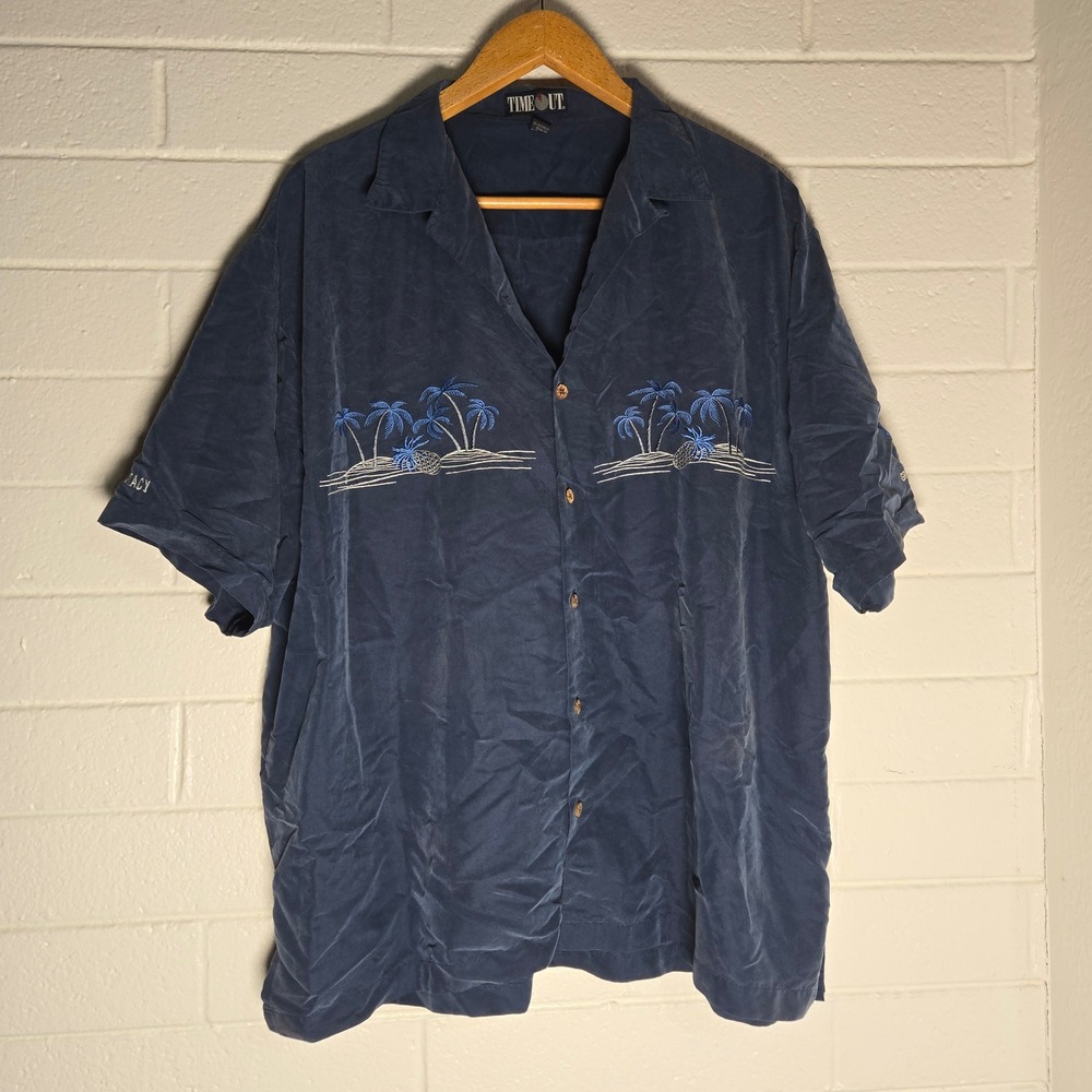 Vtg Time Out Hawaiian Shirt Mens XXL Blue Palm Tree Embroidered Rayon Resortwear